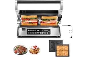 FOHERE Griglia Multifunzione, Piastra per Panini/Waffle Maker/Sandwich Maker 4 in 1, XL Piastre Antiaderenti Rimovibili 29 x 26 cm, Tempo e Temperatura Individuali, Display a LED, 2200 W