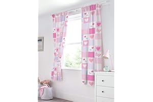 Bloomsbury Mill – Patchwork mit Herzen & Schmetterlingen – Gefüttertes Gardinenpaar mit Raffhalter für Kinder – 168 cm x 183 cm