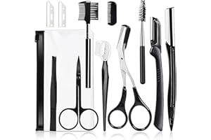 MOSTFUN Juego de 11 Pinzas para Cejas con Peine, Maquinilla de Afeitar, Cepillo y Tijeras - Fácil de Crear Formas Perfectas