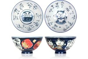 CoolChange Daruma y gato de la suerte japonés | Pintado a mano de porcelana | 2 cuencos de cerámica | cuencos asiáticos | 12 cm | microondas y lavavajillas