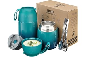LOGEEYAR Boîtes Alimentaires Isothermes Set 500ml+700ml, Boîte Isotherme Repas Chaud en Acier Inoxydable avec Cuillère, Thermoisolant Boîte Récipient Thermique sans BPA pour Ecole Bureau(Bleu Vert)