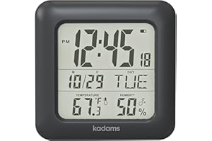 KADAMS Bathroom Digital Clock with Large LCD Screen - Shower Wall Clock with Timer - Water Resistant - Temperature & Humidity Display - Calendar Display - 4 Mounting Options Black