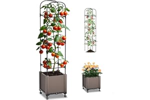 ‎SUNYRISY SUNYRISY Hochbeet mit Tomaten Rankhilfe, Blumenkasten mit Rankgitter und Rollenrad, Selbstbewässerung Pflanzkasten Pflanzkübel mit Garten Obelisk für Anbau Kletterpflanzen Tomate Gurken Rosen