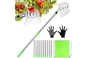 PRZRAO 4m Recogedor de Frutas con Telescópico, Recogedor de Frutas Diámetro 16 cm Recogedor de Manzanas con Pértiga Telescópica Ligera de Acero Inoxidable y Bolsa de Algodón para Manzanas Cítricos