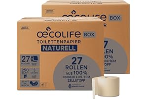 ‎ŒCOLIFE oecolife Toilettenpapier Box UNGEBLEICHT, 3-lagig, 54 Rollen á 250 Blatt, Großpackung, superweich, plastikfrei verpackt, vegan, nachhaltiges Klopapier