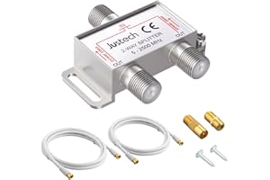 Justech SAT-Verteiler 2-Fach Splitter 2-Wege Verteiler TV Radio F-Stecker Adapter TV Fernseh Adapter mit 2x 1.5m Kabel + 1x F Stecker auf Koax Stecker + 1x F Buchse auf Koax Kupplung