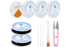 Domeilleur Fil Élastique, 6 Rouleaux pour Bracelet Perle Transparent 0.6mm 0.7mm 0.8mm 1.0mm, Noir 0.6mm avec Ciseaux et 3 Aiguille pour Artisanat Fabrication Collier