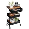 DOEWORKS Metal Storage Cart with Drawer 3-Tier Trolley Cart, Trolley on Wheels Kitchen Trolley Beauty Trolley Rolling Storage Trolley for Room Bathroom Office, Black