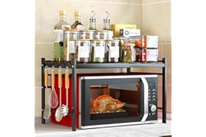 CIRULLI Etagere micro ondes extensible à 2 niveaux, etagere micro onde vertical avec 4 crochets en S,support de cuisine pratique pour plan de travail, organisateur de cuisine, noir