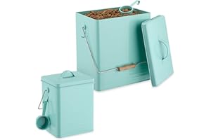 Relaxdays Food Storage Box, Set of 2, Different Sizes, with Lid, Spoon & Handle, Iron, Store Dry Pet Feed, Turquoise, Bamboo, 36.5 x 21 x 28.5 cm