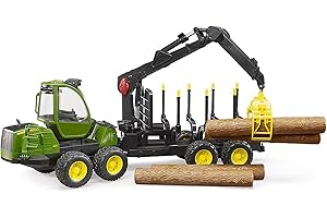 bruder 02133 - John Deere 1210E Tracteur de débardage avec 4 troncs d'arbres & grappin à bois - 1:16 Véhicule, Ferme, Forêt, Travail forestier, Tracteur, Transport de bois, Jouet