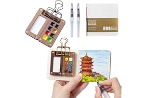 Wbgraceful Wooden Mini Paint Set, 8 Grid Pocket Palette with Watercolor Notebook & Painting Pens Clip