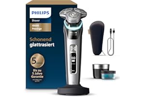 ‎PHILIPS Philips Rasierer i9000 Prestige, Nass- und Trockenrasierer für Männer mit integriertem Trimmer, grau-silber, Drucksensor, Reinigungsstation, Ladestation und Reiseetui (Modell XP9205/30)