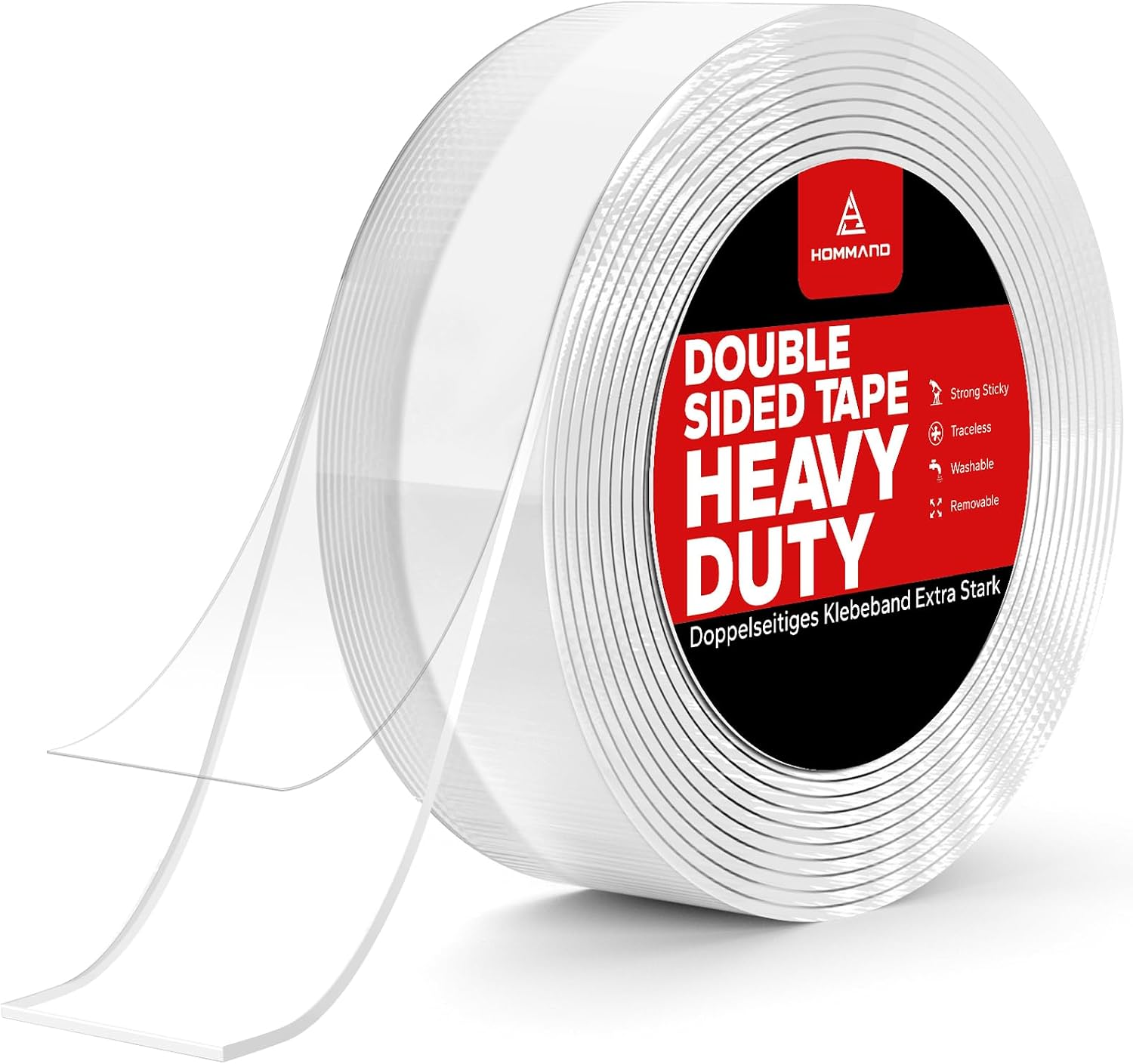 HOMMAND Double Face Extra Fort, Ruban Adhésif Double Face en Acrylique Imperméable et Transparent, Double Face, Ruban Adhésif Amovible pour Murs/Moquettes/Tapis 3M x 2CM x 1MM