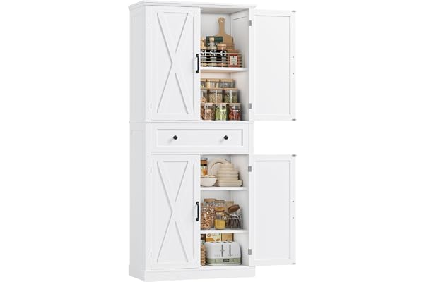 FirFurd 181,5 cm köksskåp, bufféskåp, högskåp, köksbuffé med 4 dörrar och lådor, universalskåp, köksskåp, högt för vardagsrum, kök, 78 x 40 x 181,5 cm