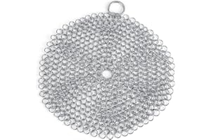 ZERODIS Pulitore in ghisa Chainmail Scrubber in acciaio inox 304 antiruggine raschietto con anello per pentole in ghisa