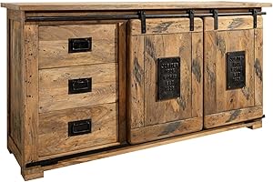 ‎MASSIVMOEBEL24.DE Massivmoebel24.de | Railway massives Sideboard - Natur lackiert | Mangoholz | 2 Türen - 3 Schubladen | 150x45x80 | Used-Look | Kommode Tv-Sideboard Wohnzimmer-Schrank