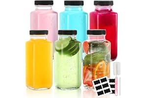 RUBESSIA Botes Cristal para Zumo de 500 ml, 6pcs Botella de Vidrio Reutilizable , Botellas Cuadradas de Leche, Leche con Tapa y Etiquetas, Ideal para Bebidas, Miel, Batidos, Licores, Ginger Ales y Jugos