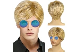 TSHAOUN Herren-Perücke, kurz, blond, geschichtet, natürliches Kunsthaar, Cosplay-Perücke, 70er-, 80er-Jahre Disco, kurz, lockig, flauschiges Kostüm, hübscher täglicher Rocker-Stil, Punk