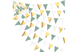 PINK BLUME 32Ft Sage Green Gold White Bunting Banner Party Decorations Fabric Triangle Flag Pennant Garland Streamers for Rustic Jungle Safari Wild Woodland Dinosaur Birthday Wedding Baby Shower Hanging Decor