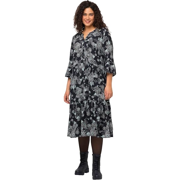 Ulla Popken Midikleid Jerseykleid Blüten A-Linie Tunika-Ausschnitt