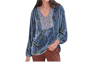 TURWXGSO Woman's Shirts UK Sale Elegant Velvet Tops V Neck Long Sleeve Blouses Retro Floral Print Shirts Plus Size Lantern Sleeve Patchwork Tops Size 8-22 Party Wear