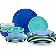vancasso Bonita Blue Dinner Set- 18 Pieces Stoneware Dinnerware Set for 6, Handpainted Spirals Pattern Ceramic Combination Set with 10.5in Dinner Plate, 7.5in Dessert Plate and 800ml Soup Bowl