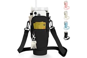 AYESY Torba na butelkę wody, uchwyt z regulowanym paskiem i kieszenią na telefon, do kubków Stanley, Quencher 1,1 l, na spacery, wędrówki, kemping, czarna