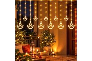 One94Store 12 Diya Curtain String LED Lights – 3 Meter Warm White Plug-in Decorative Fairy Lights with 108 LEDs, 8 Lighting M