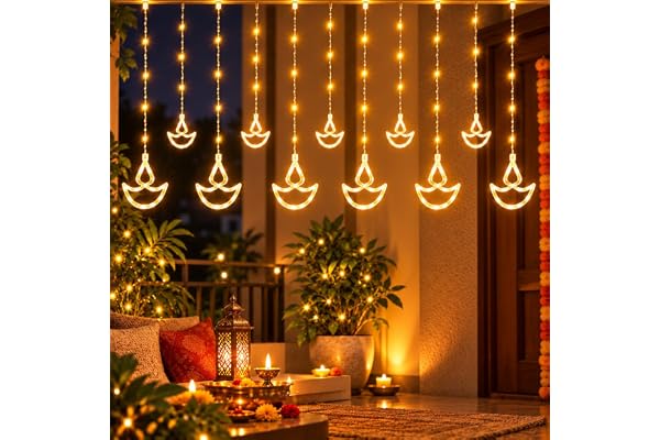 One94Store 12 Diya Curtain String LED Lights – 3 Meter Warm White Plug-in Decorative Fairy Lights with 108 LEDs, 8 Lighting M