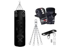 MAXX PRO BOXING GEAR Maxx Punch Bag Boxing Set BLACK 3FT 4FT 5FT 6FT Heavy Filled Punchbag Gloves with Bracket or Hook Full Black