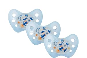 Dentistar Zestaw 3 ortodontycznych smoczków silikonowych – Rozmiar 1, 0-6 miesiące – Miękki smoczek ortodontyczny do zębów i szczęki, który świeci w ciemności – Bez BPA – Rakieta, Niebieski