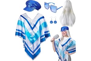 Kyndara 5Pcs Abba Fancy Dress Costume for Women, 1970s Disco Accessories Set with Disco Poncho Hat Wig Earrings Glasses for Adults Retro 70 Theme Party Dance