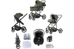 Lnhcrbs 3 in 1 Pushchair, Travel System,Green-Pushchair and Car Seat Set, Compact Stroller with Mosquito Net Rain Cover, with Adjustable Handle, Lightweight Stroller with Frame Made of Aluminium,22Kg