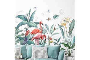 Runtoo Calcomanías de pared de flamenco, hojas tropicales, calcomanías de pared para niñas, dormitorio, sala de estar, decoración de pared de niños