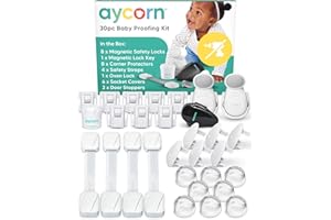 AYCORN® 30-Piece Baby Proofing Safety Kit - Cupboard Locks for Children, Corner Protectors, Plug Socket Covers UK, Safety Straps, Oven Lock, Door Stopper & Keys