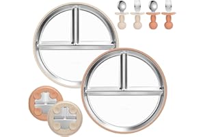 MOJINL Edelstahl Baby Teller mit Silikon Saugnapf, Silikon Babyteller mit Saugnapf, Rutschfest Kinderteller mit Unterteilung, Spülmaschinenfest Babyteller mit 4 Stück Babybesteck, BPA Frei, 2 Stück