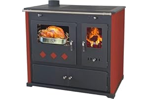 PROMETEY Kaminofen mit Backfach und Herdplatte Pracktik Lux Rot LINKS Holzofen 9,5 kW Kamin Ofen Dauerbrandofen Werkstattofen Schwedenofen Hüttenofen Heizofen