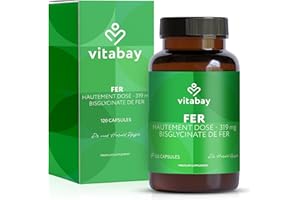 Vitabay Fer (50 mg) Bisglycinate (319 mg) - 120 Gélules Véganes Supplément de Fer Complément Alimentaire Pour Végétaliens à Haute Biodisponibilité et à haut dosage Complément Alimentaire Fer Naturel