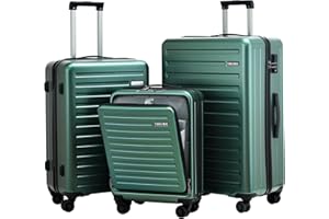 TydeCkare 3 Pcs (20/24/28) Luggage Set, Hardshell ABS+PC with TSA Lock, 20" 55 * 40 * 20cm Carry On with Front Pocket, 24" 65L and 28" 101L Checked Luggage, Dark Green