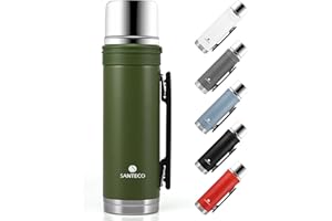 SANTECO Botella Termo 1000ml/34oz, Botella de Agua Acero Inoxidable 18/8 para Uso Alimentario, sin BPA, Mantiene el Contenido Caliente hasta 12h o Frío 24h para Camping y Todos Deportes, 1L Verde