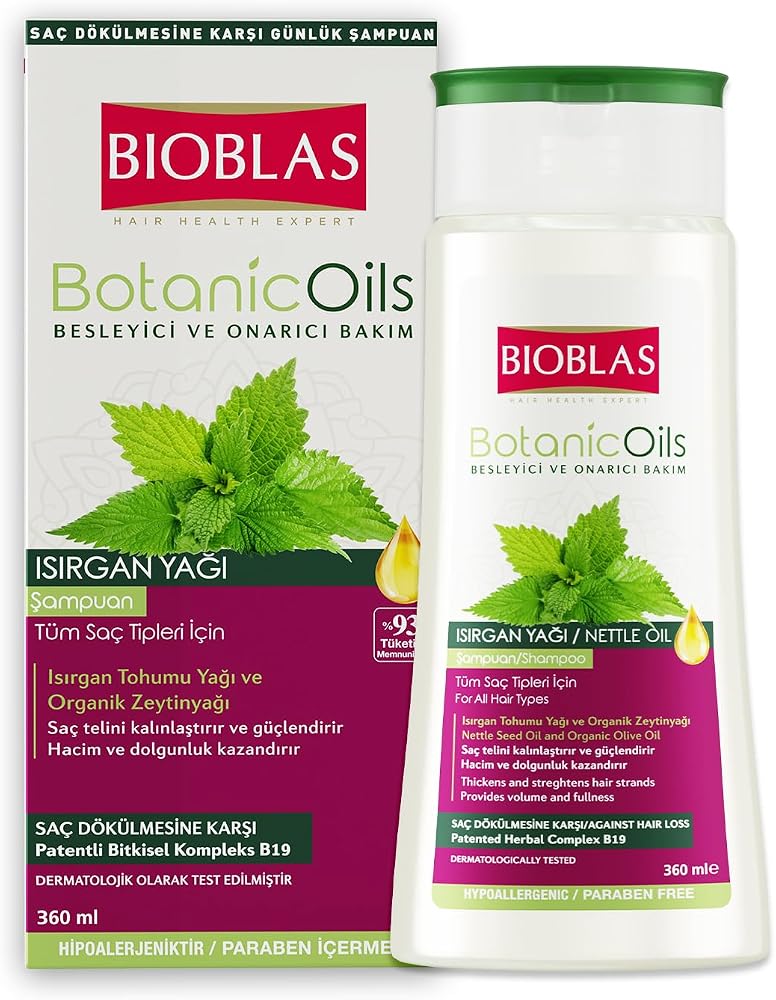 Bioblas Saç Dökülmesine Karşı Bitkisel Şampuan – Isırgan Tohumu Yağı & Zeytinyağı İçerikli, Dolgunlaştırıcı Etki, Kompleks B19, 360 ml