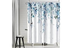 Uiiooazy Cortina de Ducha Eucalipto, Cortina de Ducha Azul Hojas Mariposa Tabla de Madera Rústico Cortina de Baño Anti Moho Impermeable Poliéster Tela Lavable Cortina Ducha con 12 Ganchos 240x180cm