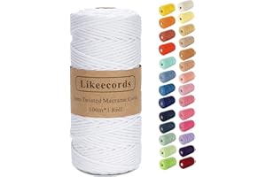 Likeecords Makramee-Schnur, 3 mm x 110 Yards, farbiges Makramee-Seil, Baumwollseil, Makramee-Garn, Bunte Baumwollschnur, zum Aufhängen von Pflanzen, zum Basteln, Stricken (Reinweiß)
