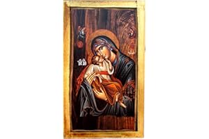 ICONSGR Handmade Wooden Greek Christian Orthodox Wood Icon of Virgin Mary & Jesus Christ / H2