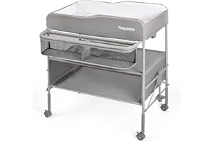 Maydolly Baby Wickelkommode Klappbar mit Wickelauflage und Rollen, Geräumig, Wasserdicht und Höhenverstellbar, Mobiler Klappbarer Wickeltisch mit Ablagefächern, Platzsparend und Stabil (Grau)