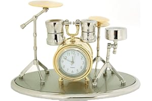 THE EMPORIUM MINIATURE CLOCKS Miniature Novelty Drum Kit Silver & Goldtone Finish Collectors Clock 0470