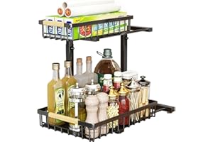 JOUING Organizer Sottolavello a 2 Livelli Regolabile in Altezza Organizzatore Sotto Lavello Metallo Scorrevoli Cassetti Scaffale Estraibile per Cucina Bagno (Nero, confezione da 1)