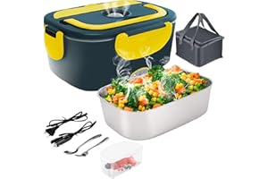 Gentre Lunch Box Scaldavivande Elettrico Portatile 4 in 1 per Auto Camion e Ufficio 12V/24V/110V/220V 1.5L 60W Porta Pranzo in Acciaio Inox, Scomparti, Forchetta Cucchiaio e Borsa Per il Trasporto