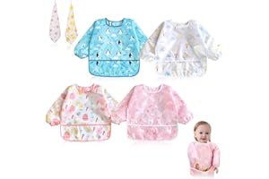 ZOFORY Baberos Bebe Impermeables, 5 PCS Baberos con Mangas (incluye 2 Toallas de Mano), Babete Impermeável Bebe, con Bolsillo Recoge Comida, Babero Impermeable Bebe, para Bebé Niños Niñas 3 a 36 meses